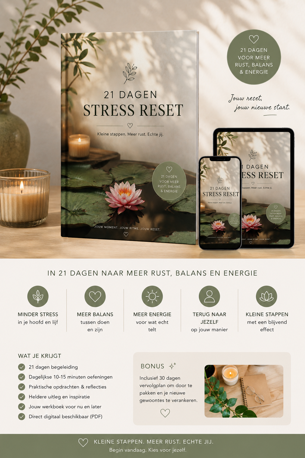 21 Dagen Stress Reset e-book op een e-reader in een warme huiskamer