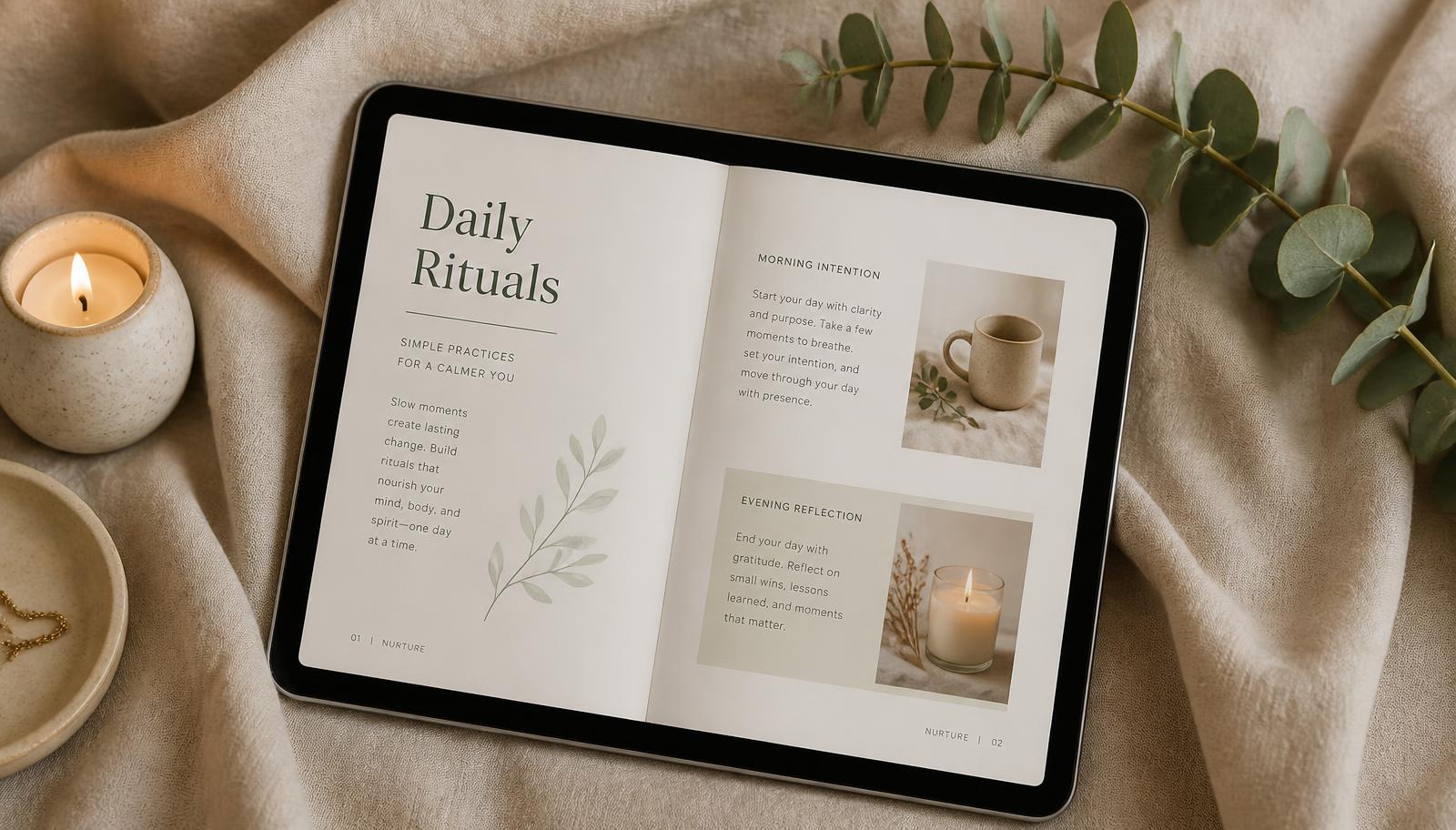 E-book op een tablet naast een kaars en eucalyptus